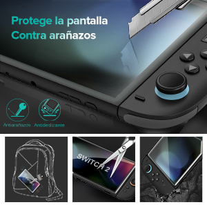 Nintendo Switch con protector de pantalla de cristal templado. Cuatro imágenes más pequeñas muestran la aplicación del protector, la resistencia a los arañazos y el dispositivo en una funda.