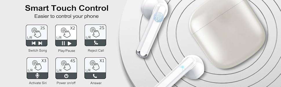 El texto dice: «Smart Touch Control». Seis iconos muestran las funciones de control táctil en lo que parece ser un dispositivo circular blanco con una superficie estriada.