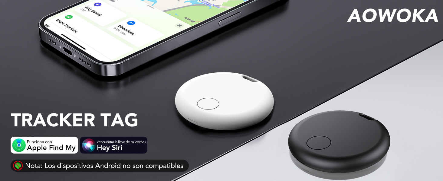 AOWOKA se muestran en diseños circulares blancos y negros, se muestran con un teléfono inteligente que muestra la interfaz de la aplicación de rastreo