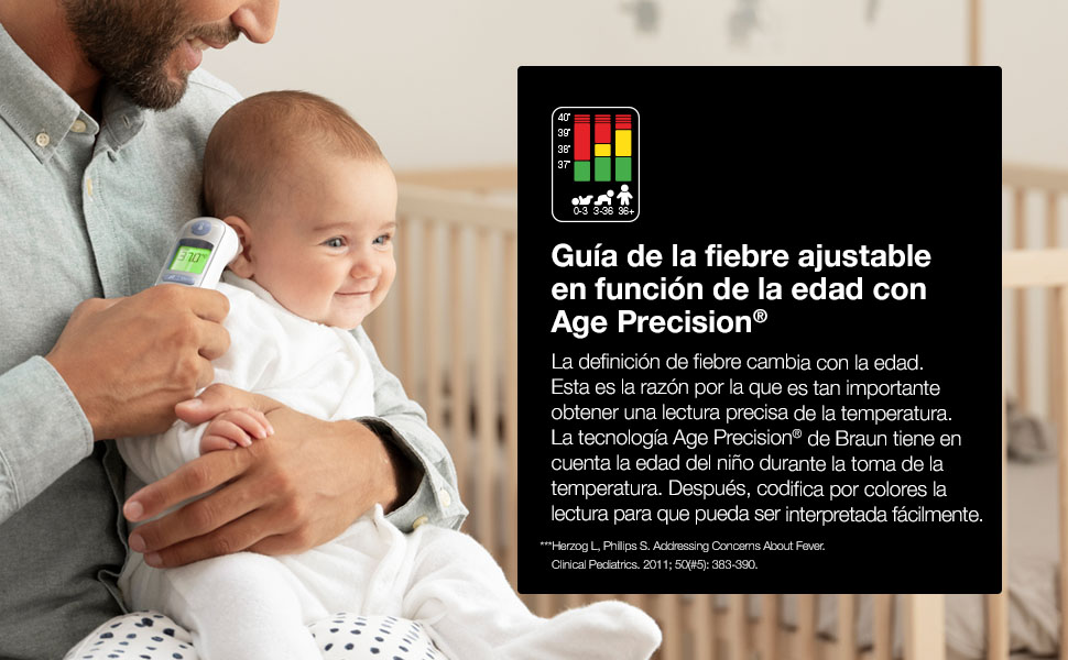 Termómetro; oído; Braun; ThermoScan; Age Precision; pantalla codificada por colores; fiebre;