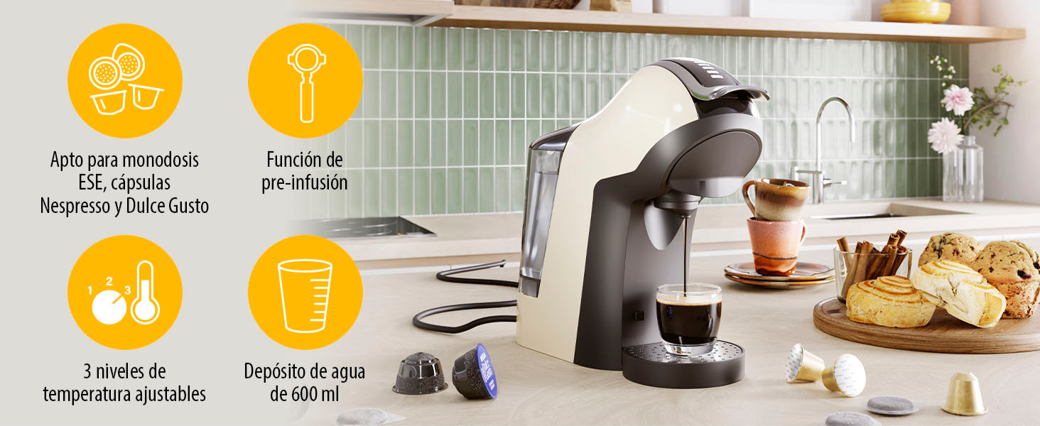 Depósito de 600 ml extraíble, rinde 20 espressos u 8 cafés largos