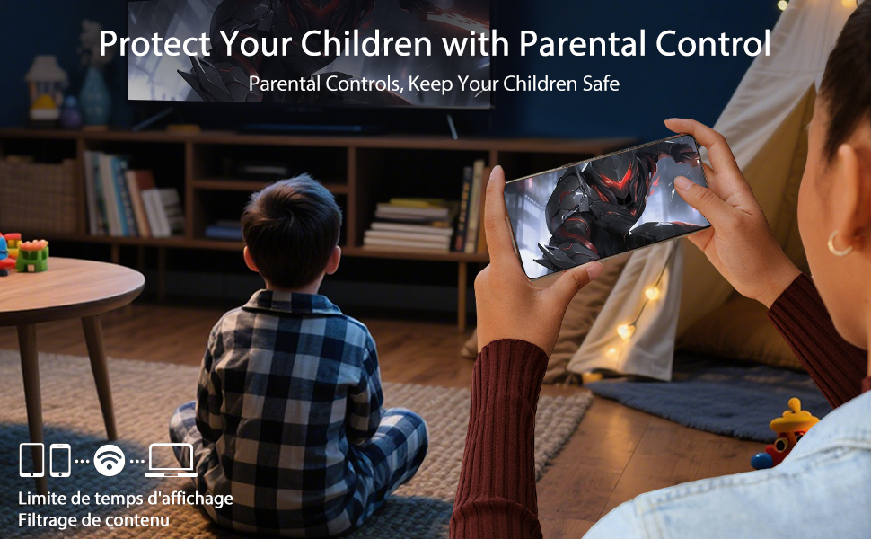 Pantalla que muestra la interfaz de configuración de control parental, con el texto «Proteja a sus hijos con el control parental».