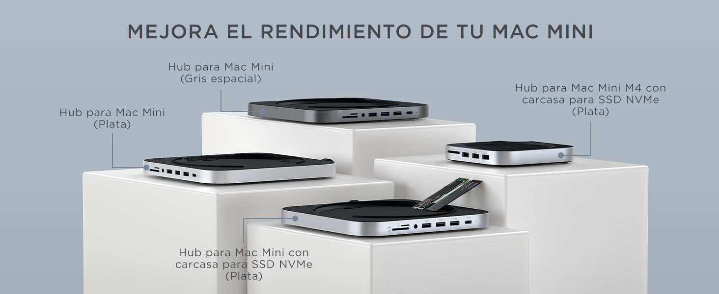 Hub USB-C con soporte SSD y puertos USB-A en uso con Mac Mini M4 en entorno de trabajo moderno
