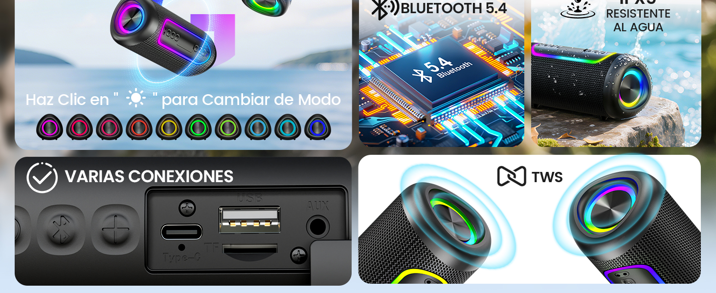 Colección de periféricos para juegos que muestra el teclado, el ratón y la alfombrilla RGB con efectos de iluminación LED de arcoíris. Múltiples vistas del producto y detalles detallados.