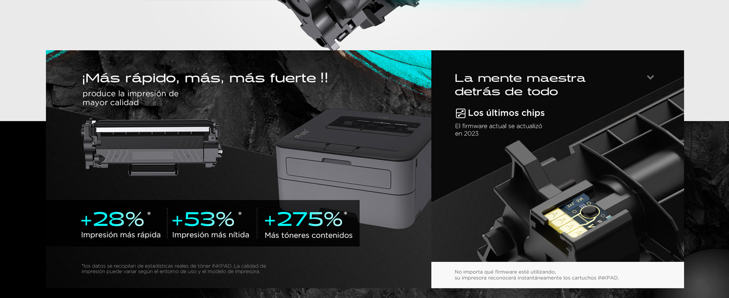 que muestra métricas de rendimiento con texto en verde azulado y blanco sobre fondo negro, con aumentos porcentuales e imágenes del hardware de la impresora