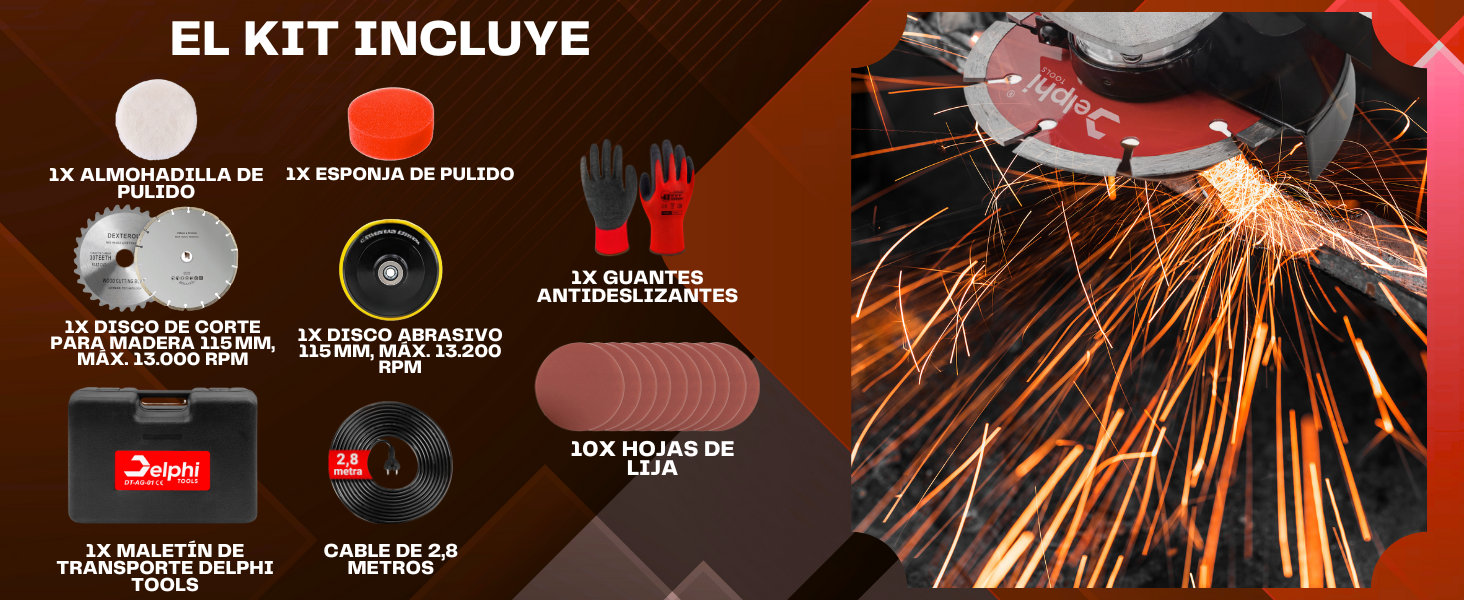 Amoladora angular 230V con control de velocidad y discos de corte