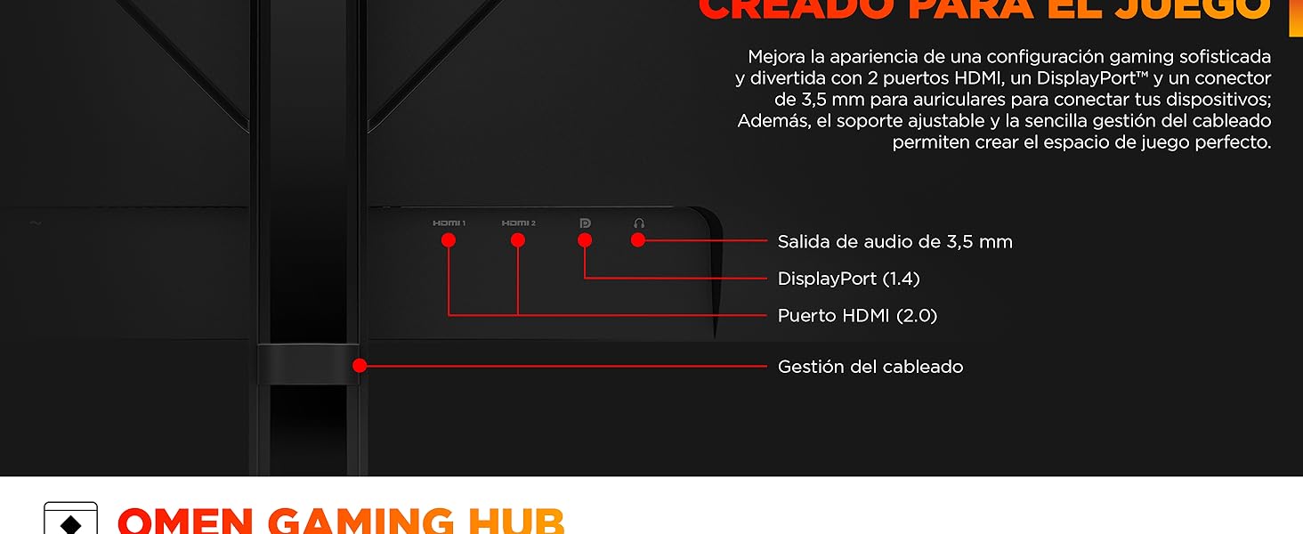 El texto dice: «OMEN GAMING HUB» con un diagrama técnico rojo que muestra los puntos de medición y las especificaciones.
