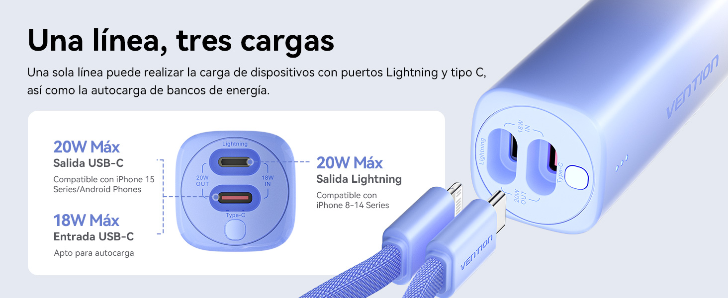 Mini Power Bank 5000mAh con USB C & Cable Lightning PD 20W Color Powerbank Pequeña Carga Rápida