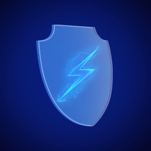 Icono de escudo azul brillante con el símbolo de un rayo, que sugiere protección o seguridad contra las amenazas eléctricas sobre un fondo oscuro