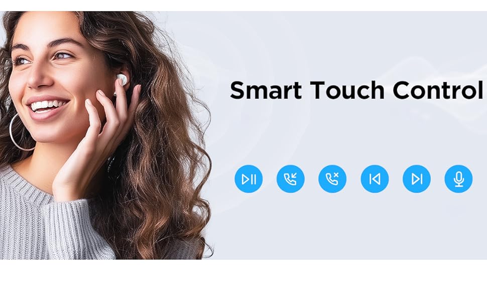 El texto dice «Smart Touch Control». La interfaz del producto muestra los botones de control táctiles circulares azules en secuencia, lo que demuestra la funcionalidad del dispositivo inteligente.
