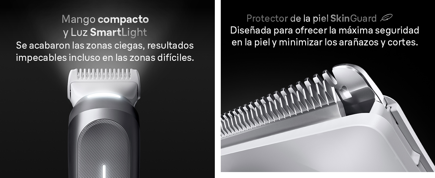Plano de Braun Recortadora Corporal Series 7 con luz inteligente integrada y hoja SkinGuard.