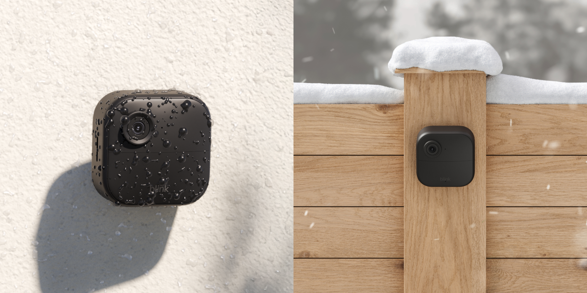 La Blink Outdoor 4 está instalada en una valla exterior, con lluvia y nieve. Indica que la cámara no necesita cables y que funciona en diferentes condiciones meteorológicas.