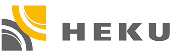 Logotipo que muestra el texto «HEKU» en gris con formas geométricas abstractas amarillas y grises.
