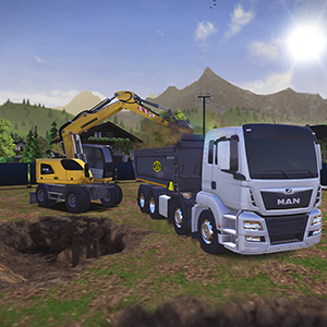 Simulación, mundo abierto, sandbox, conducción, excavadora, construcción, camión, transporte
