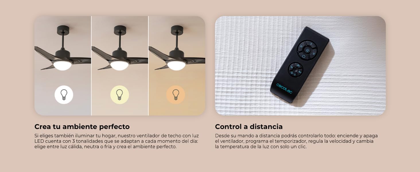 ventilador de techo con luz led ventiladores lampara aspas silencioso dormitorio Cecotec ceiling fan