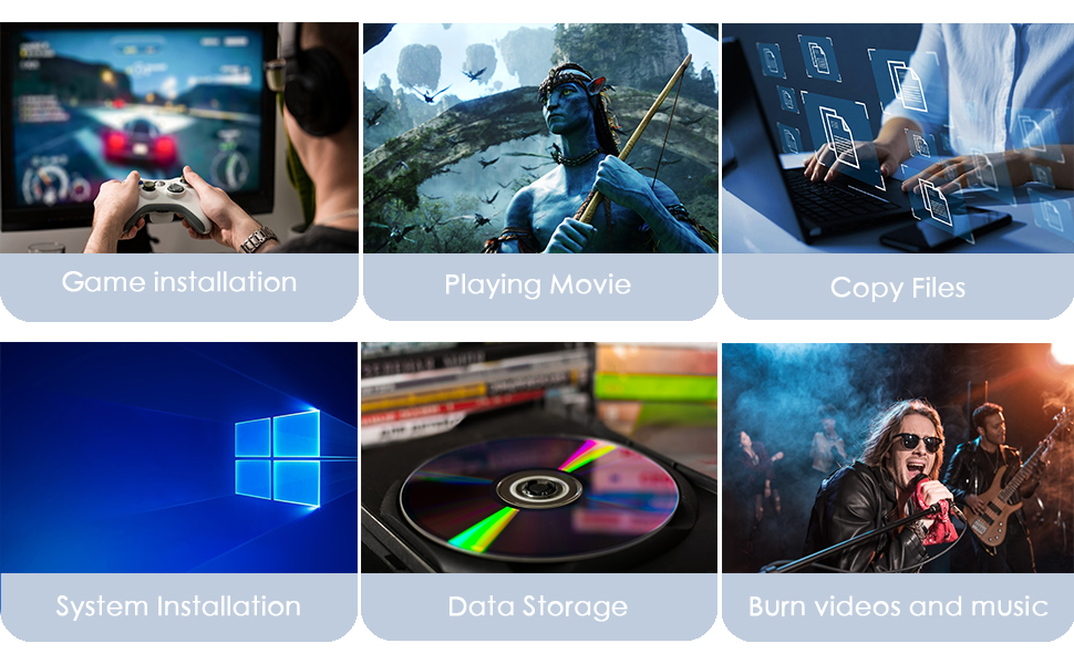 de seis imágenes relacionadas con la tecnología: juegos, realidad virtual, escritura, logotipo de Windows, almacenamiento de datos y transmisión de vídeo. Cada imagen tiene un título descriptivo a continuación