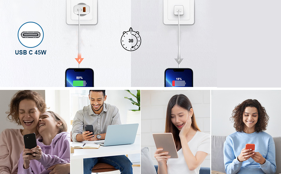 Cargador USB C 45W & USB A 18W con Cable USB C a USB C