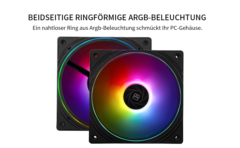 Dos ventiladores negros para cajas de ordenador con iluminación RGB circular, que muestran efectos de iluminación multicolor para la personalización del PC