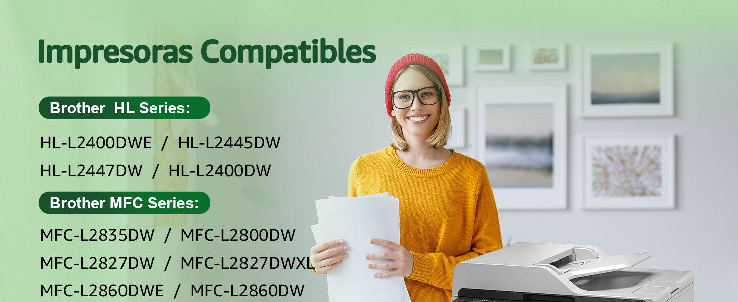 con suéter amarillo que sostiene papel, junto al texto que enumera los modelos de impresoras Brother compatibles con las series HL y MFC, con fondo verde