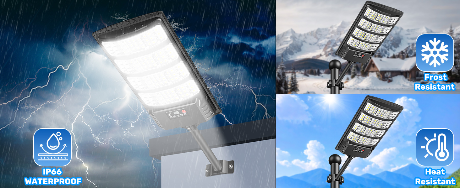 Serie de iconos que muestran las características del producto: clasificación de impermeabilidad IP65, símbolo de copo de nieve para resistencia al invierno, símbolo de rayo para protección contra la intemperie y gotas de agua que indican resistencia a la humedad.