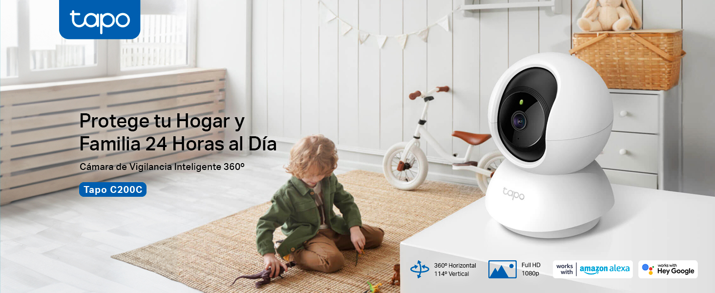 Tapo C200C - Cámara de Vigilancia Wi-Fi 360°, 1080p, Visión Nocturna, Detección IA