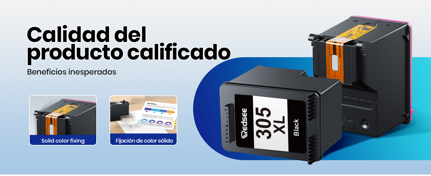 Los cartuchos de tinta negra para impresora se muestran en el empaque e instalados en una impresora, con texto que resalta la calidad del producto en español.