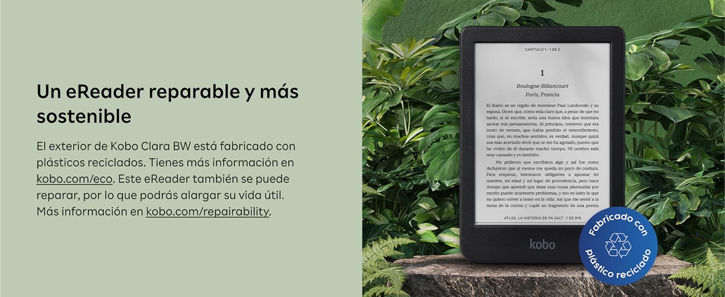 se muestra en exteriores sobre un fondo de follaje verde, con una pantalla de tinta electrónica que muestra el contenido del texto. Se ve un sello de certificación azul
