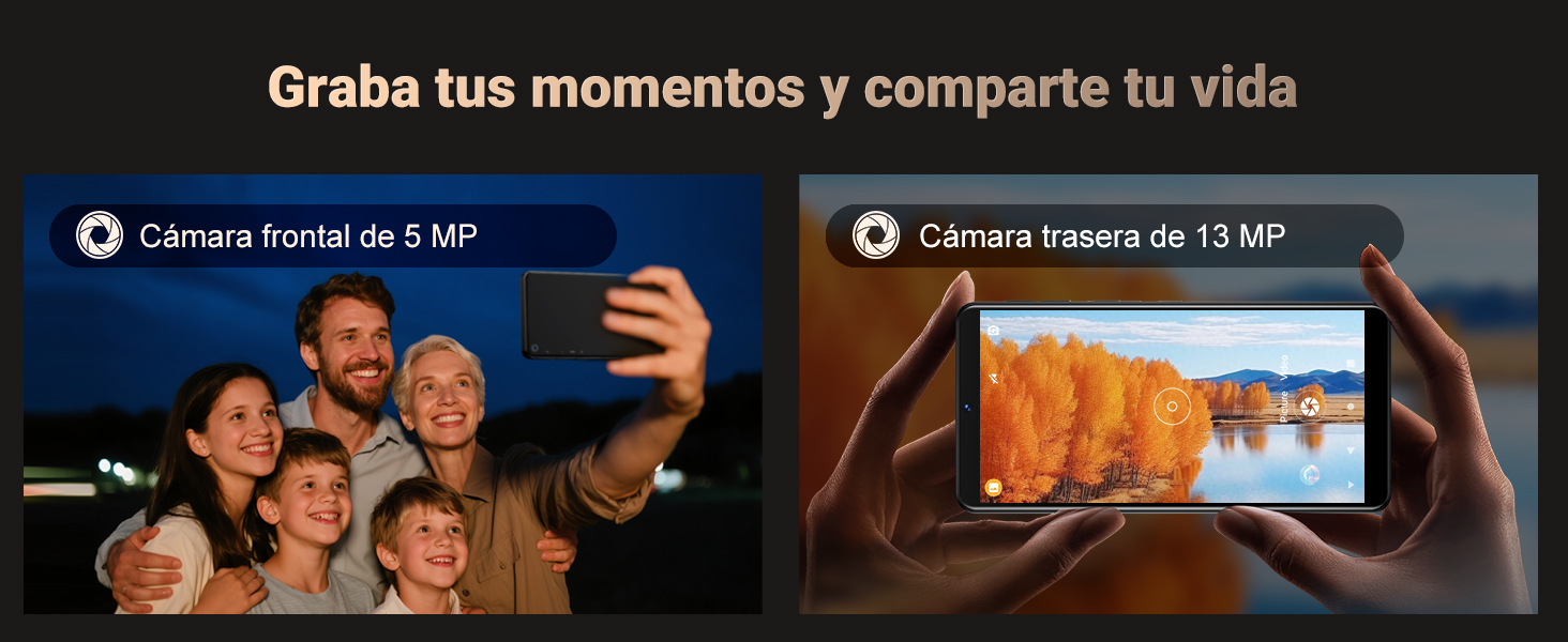 El texto dice «Graba tus momentos y comparte tu vida». Varios dispositivos móviles que muestran interfaces para compartir fotos o vídeos.
