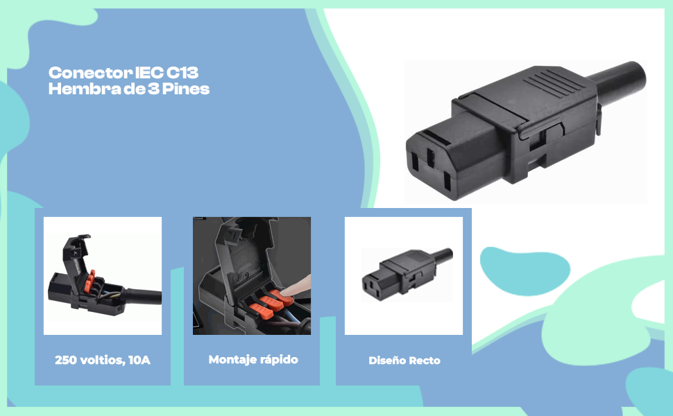 Conector IEC C13 Hembra de 3 Pines montaje rapido