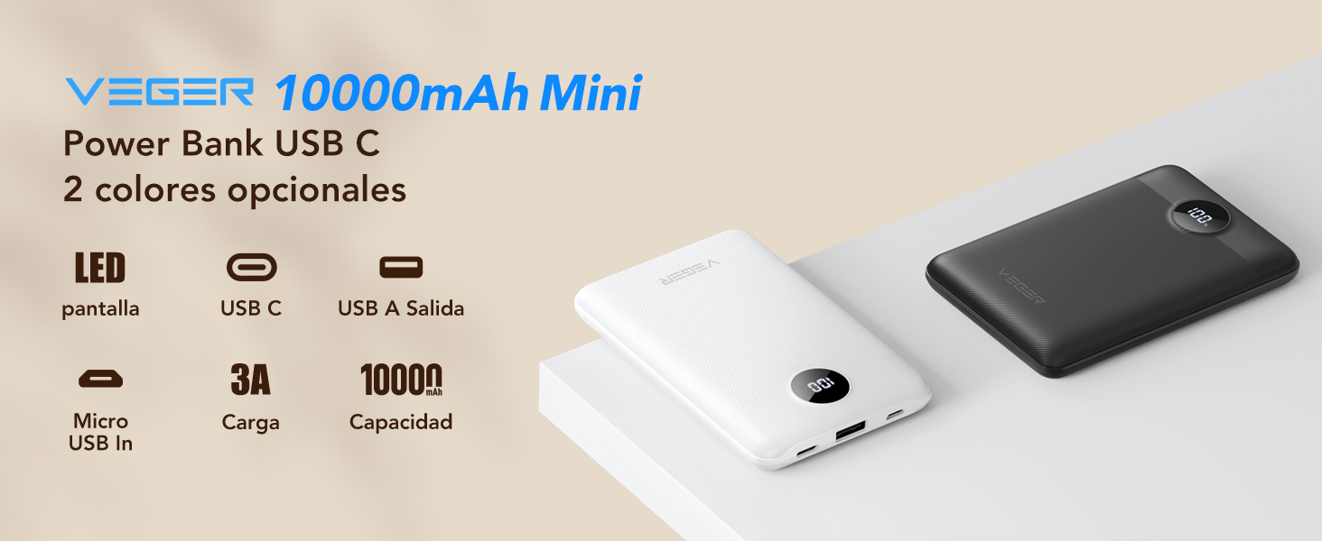 El texto dice «Imagen 5» y «Mini Power Bank USB-C VINSIC de 10000 mAh». Tabla de especificaciones del producto que muestra los detalles técnicos de un banco de energía portátil.