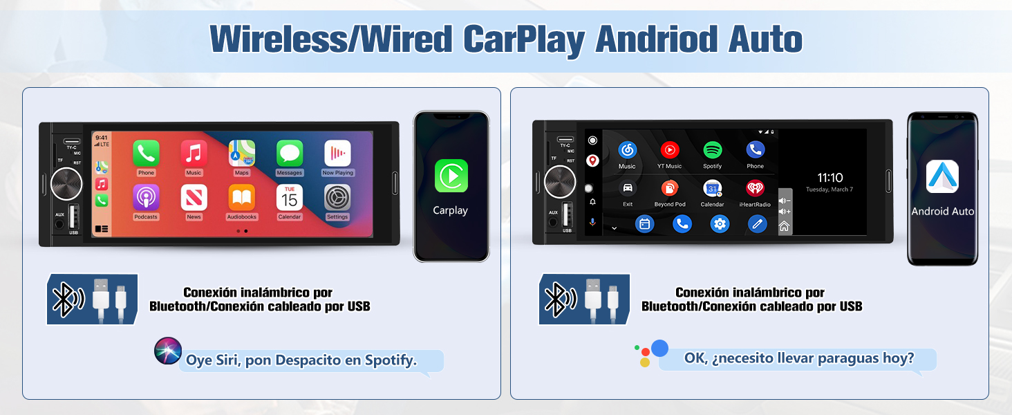 con compatibilidad inalámbrica y cableada con CarPlay y Android Auto. Muestra dos pantallas de interfaz con iconos de aplicaciones y funciones de integración de teléfonos inteligentes.