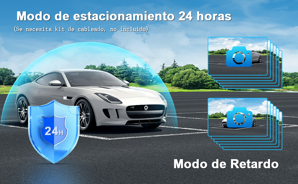 Ilustración de un automóvil blanco con la función de modo de estacionamiento de 24 horas, que muestra el ícono del escudo protector y varias siluetas de automóviles que representan un monitoreo extendido