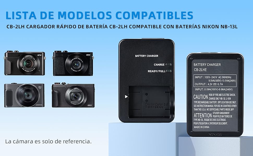 para cámaras compatibles con Nikon NB-13L. Muestra la parte delantera y trasera del cargador con las especificaciones. Cuatro imágenes de cámara pequeñas como referencia.