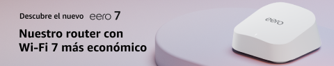 eero 7 sobre un pedestal rosa. A la derecha: Descubre el nuevo eero 7. Nuestro router con Wi-Fi 7 más económico.