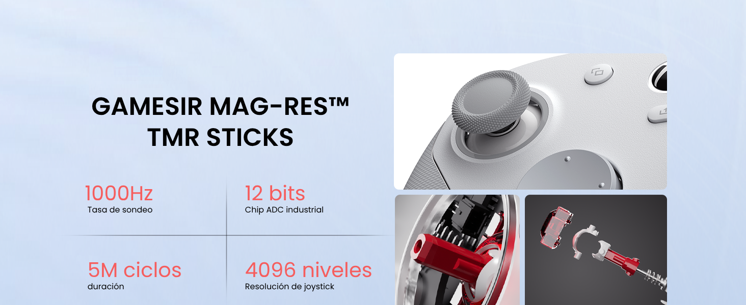 El texto dice «GAMESIR MAG-RES™ TMR STICKS 1000 Hz 12 bits 2 M clics 4096 píxeles». Diagrama técnico del producto que muestra los componentes y las especificaciones del joystick para videojuegos.