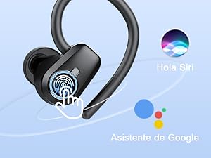 con diseño de gancho para la oreja, con panel de control sensible al tacto. Los iconos de Siri y Google Assistant indican la compatibilidad con los asistentes de voz
