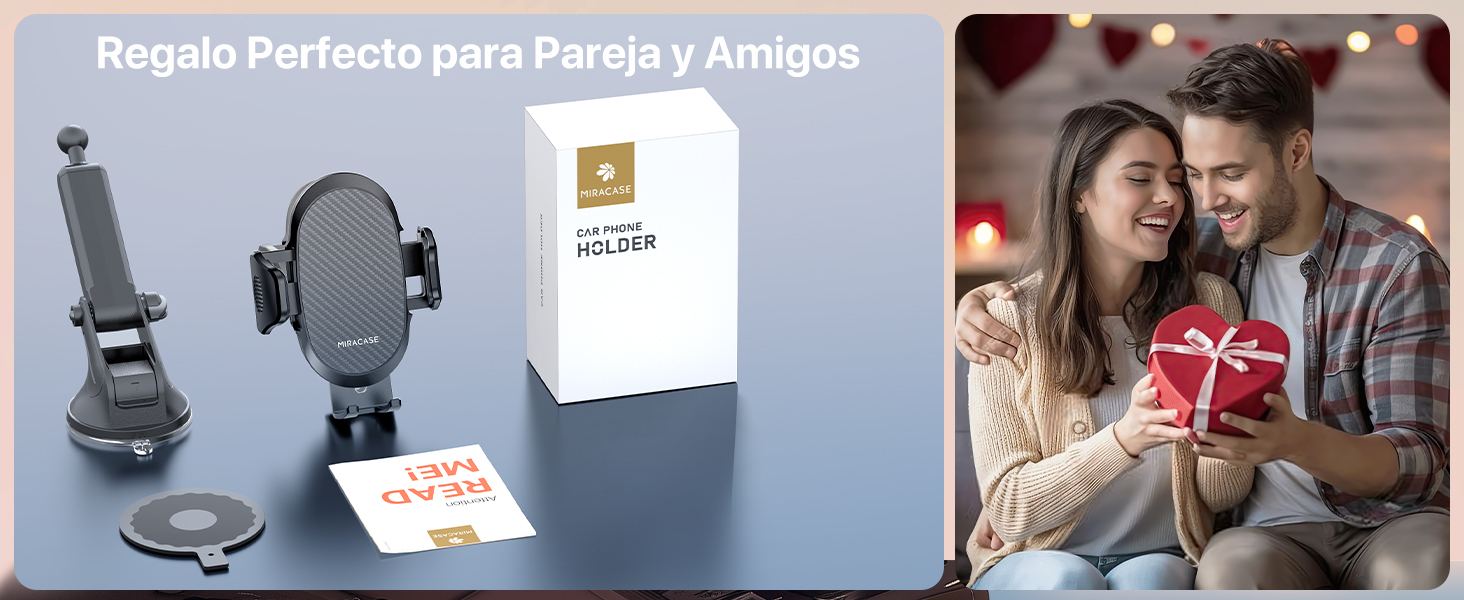 Artículos de regalo que incluyen soporte para teléfono para automóvil, cargador inalámbrico y caja de regalo. Texto «Regalo Perfecto para Pareja y Amigos». Pareja intercambiando regalos en imagen separada