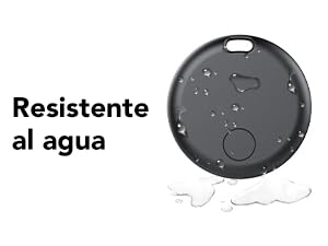 Dispositivo gris circular con gotas de agua en la superficie, que demuestra su resistencia al agua. Botón pequeño visible en la parte superior del dispositivo.