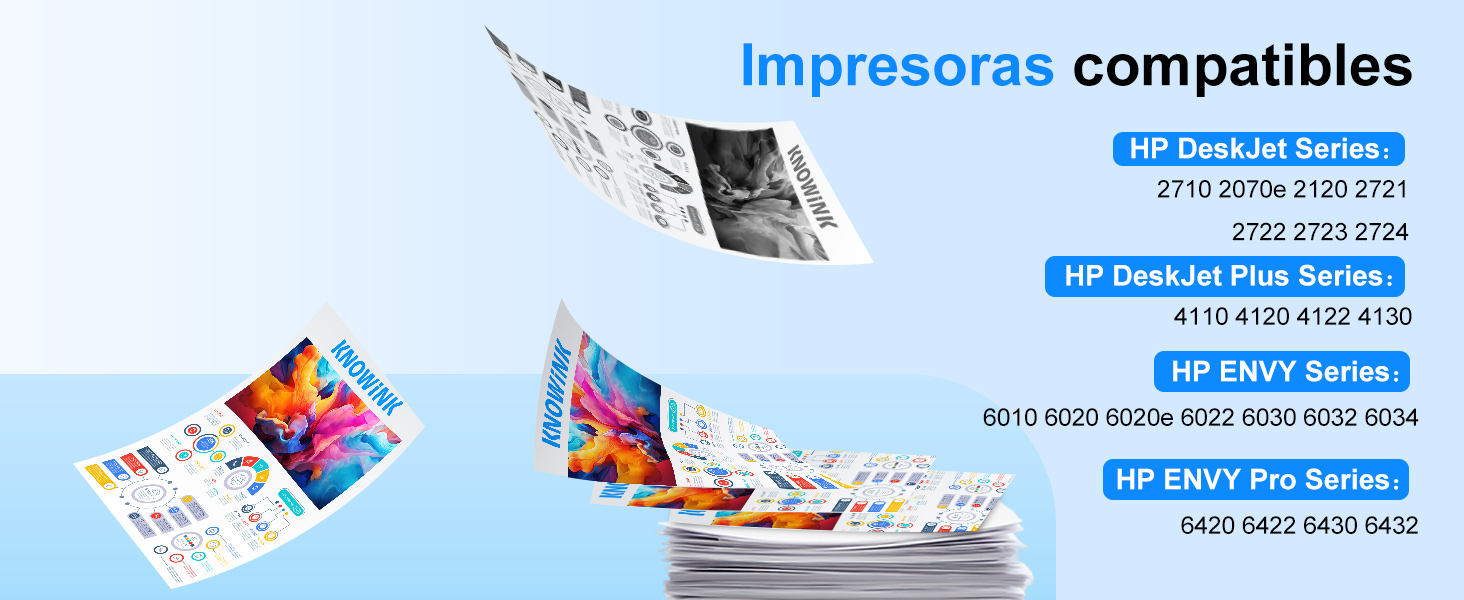 Varias pilas de papel de impresora colorido que muestran la compatibilidad con varios modelos de impresoras HP, incluidas las series DeskJet, ENVY y ENVY Pro. El papel se muestra en configuraciones apiladas y en forma de abanico