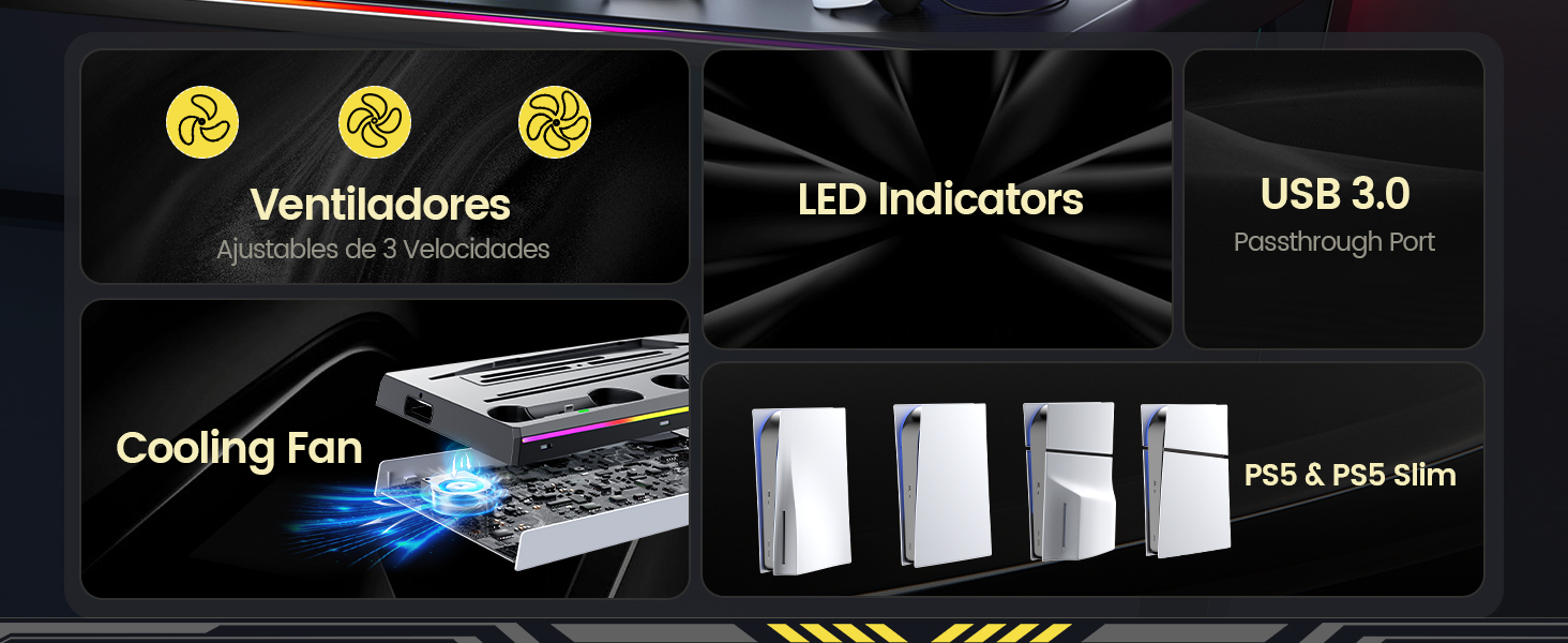 cuenta con ventiladores, indicadores LED, puerto USB 3.0 y compatibilidad con PS5 y PS5 Slim. Incluye imágenes del ventilador de refrigeración y las opciones de colocación de la consola
