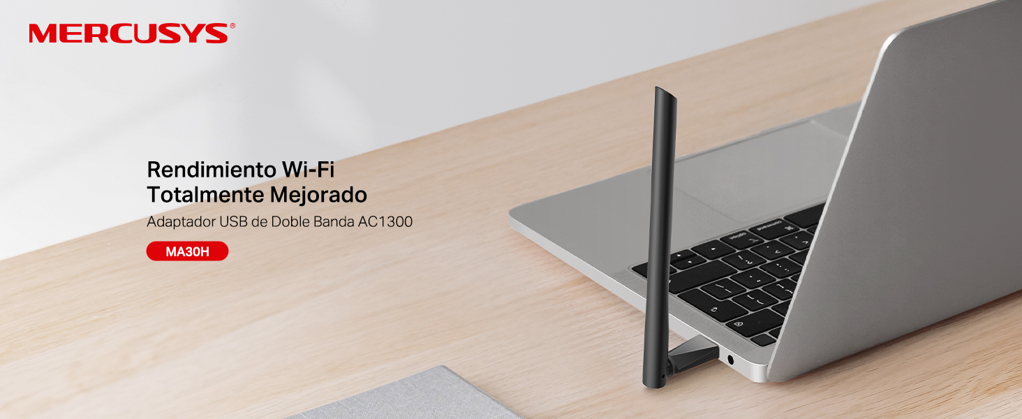 Mercusys MA30H - Adaptador USB de Doble Banda AC1300 con Antena de Alta Ganancia Ajustable