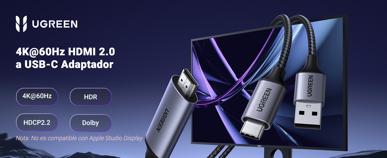商品图片 UGREEN Convertidor de Vídeo USB C a HDMI 2.0 4K@60Hz UHD Cable de Alimentación USB A