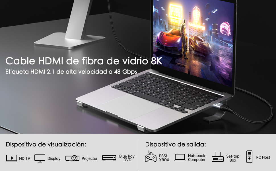 Cable HDMI 2.1, Cable HDMI 8K 2M de Alta Velocidad Ultra HD 48Gbps 8K