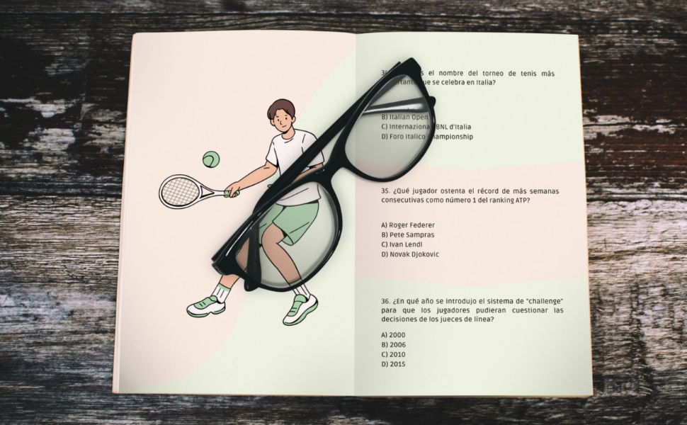 tenista masculino, preguntas de tenis, libro de tenis, raqueta de tenis, pelota de tenis