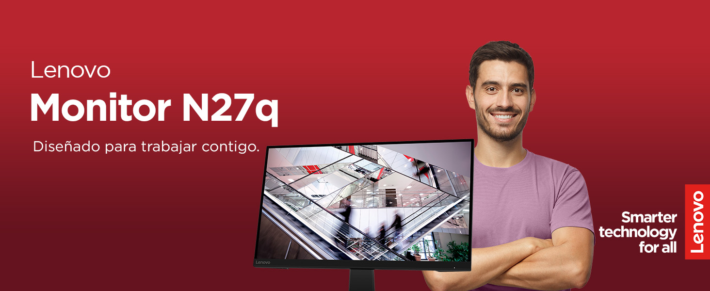 Lenovo N27q Monitor 27" fotografía frontal monitor y usuario