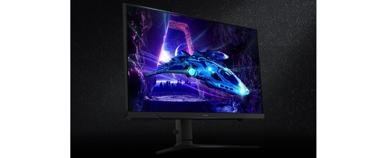 Monitor para juegos que muestra gráficos azules y morados vibrantes sobre un fondo oscuro, que muestra efectos visuales dinámicos.