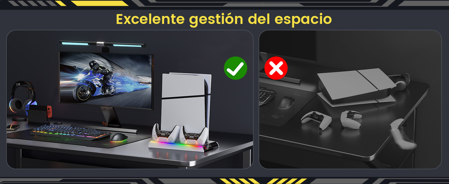 Imagen dividida que compara configuraciones de escritorio organizadas y desordenadas. El lado izquierdo muestra una cuidada configuración de juego con monitor, teclado y accesorios. El lado derecho muestra un espacio de trabajo desorganizado con elementos dispersos