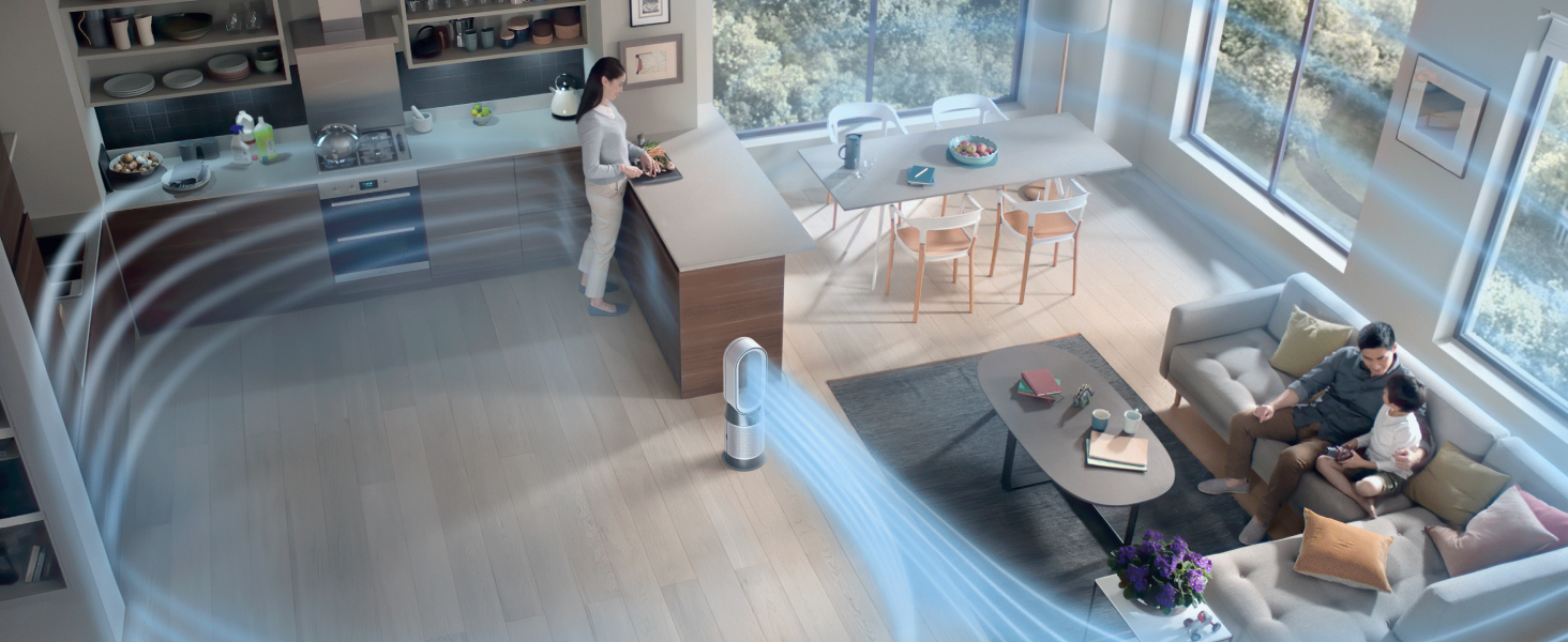 Purificador Dyson Hot+Cool Gen1 proyectando aire por toda la habitación.