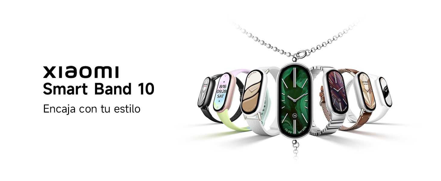 El texto dice «XIAOMI Smart Band 10». Imagen del producto que muestra varias correas inteligentes con bandas de diferentes colores dispuestas en forma de pantalla curva.