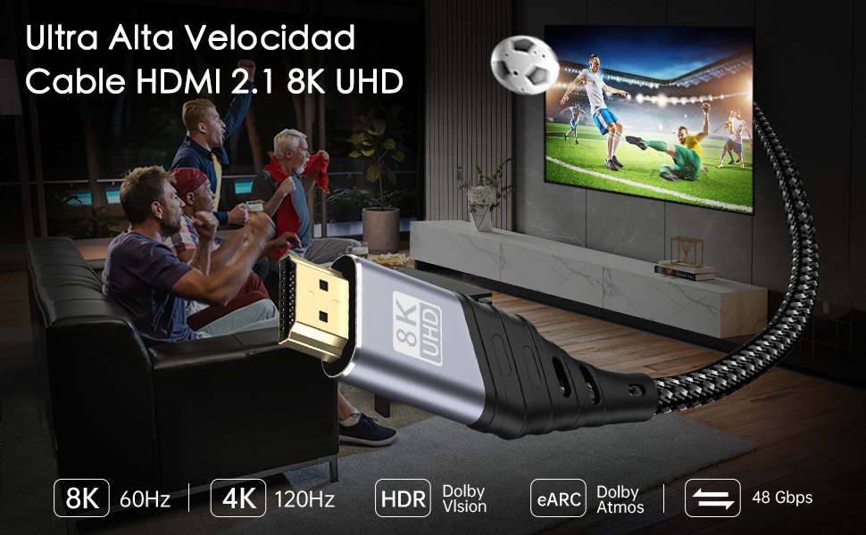 Cable HDMI 2.1, Cable HDMI 8K 2M de Alta Velocidad Ultra HD 48Gbps 8K